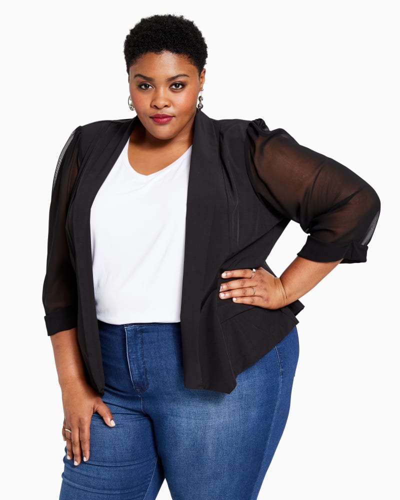 Front of plus size Adi Modern Sheer-Sleeve Blazer by City Chic | Dia&Co | dia_product_style_image_id:117672